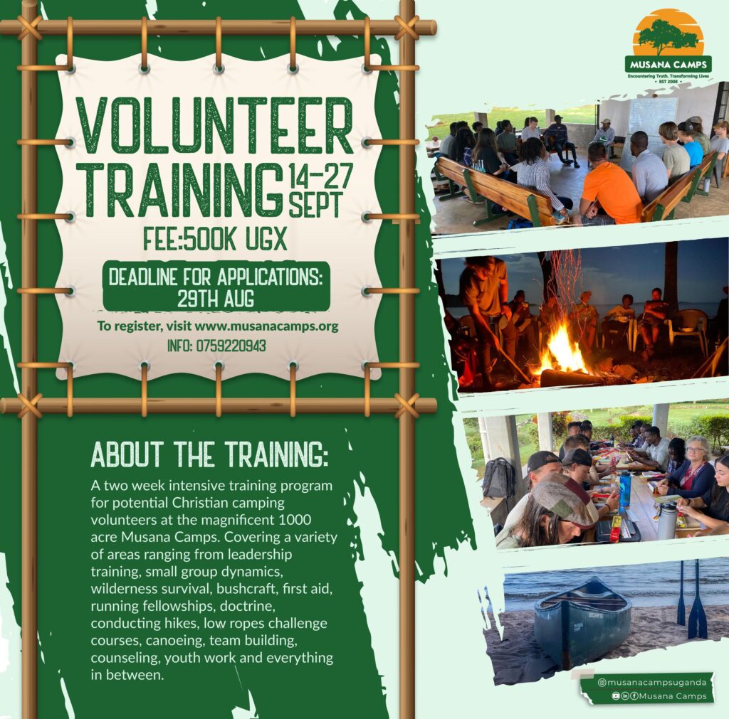 Poster for Musana Camps Volunteer Training from September 14–27 with a 500K UGX fee and application deadline of August 29. Includes training details on leadership, bushcraft, first aid, and more. Features images of group discussions, campfire gathering, communal meals, and a canoe by the lake.